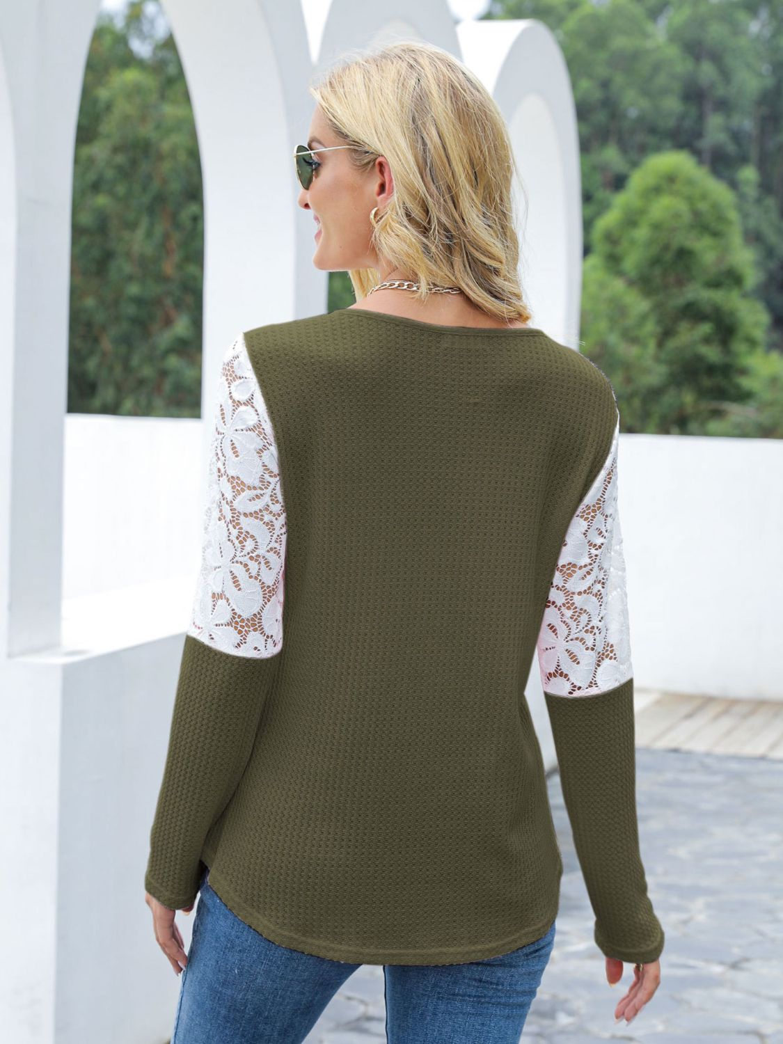 Waffle-Knit Lace Round Neck Long Sleeve T-Shirt - Jatanele