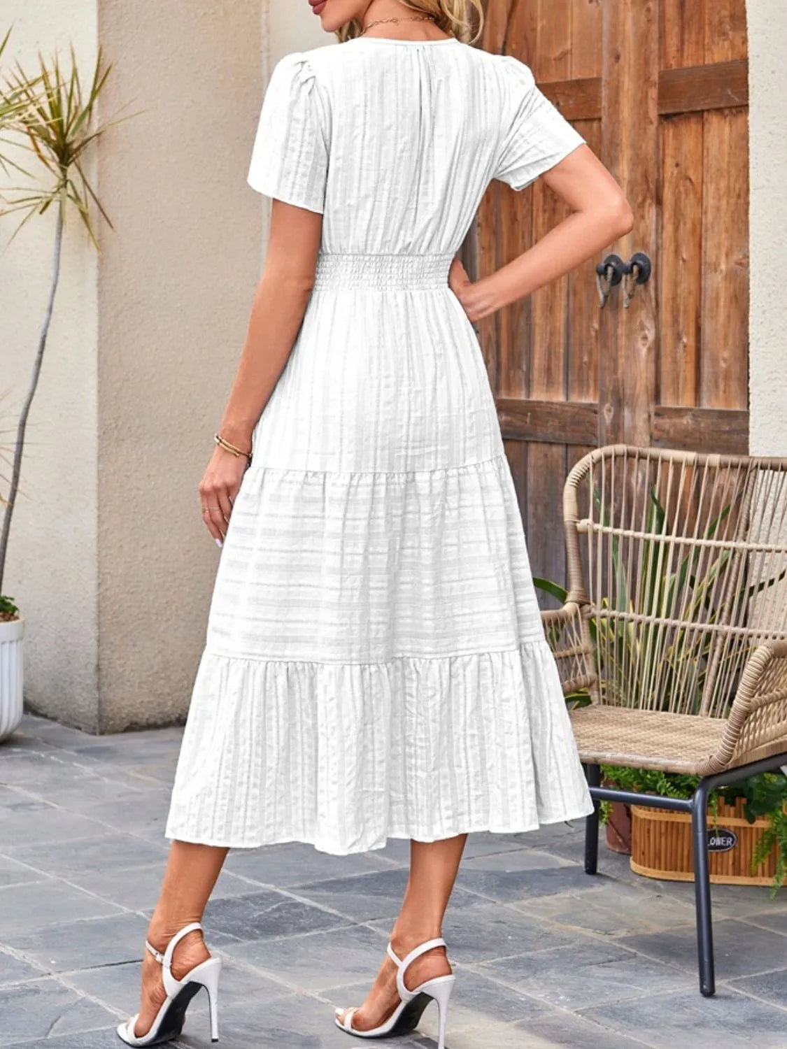 Tiered Notched Short Sleeve Dress - Jatanele