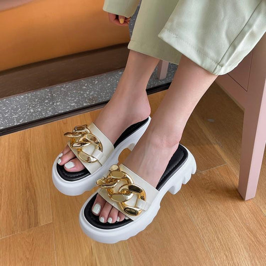 Lazy Slippers Cowhide Patent Leather Adhesive Shoes Platform Platform - Jatanele