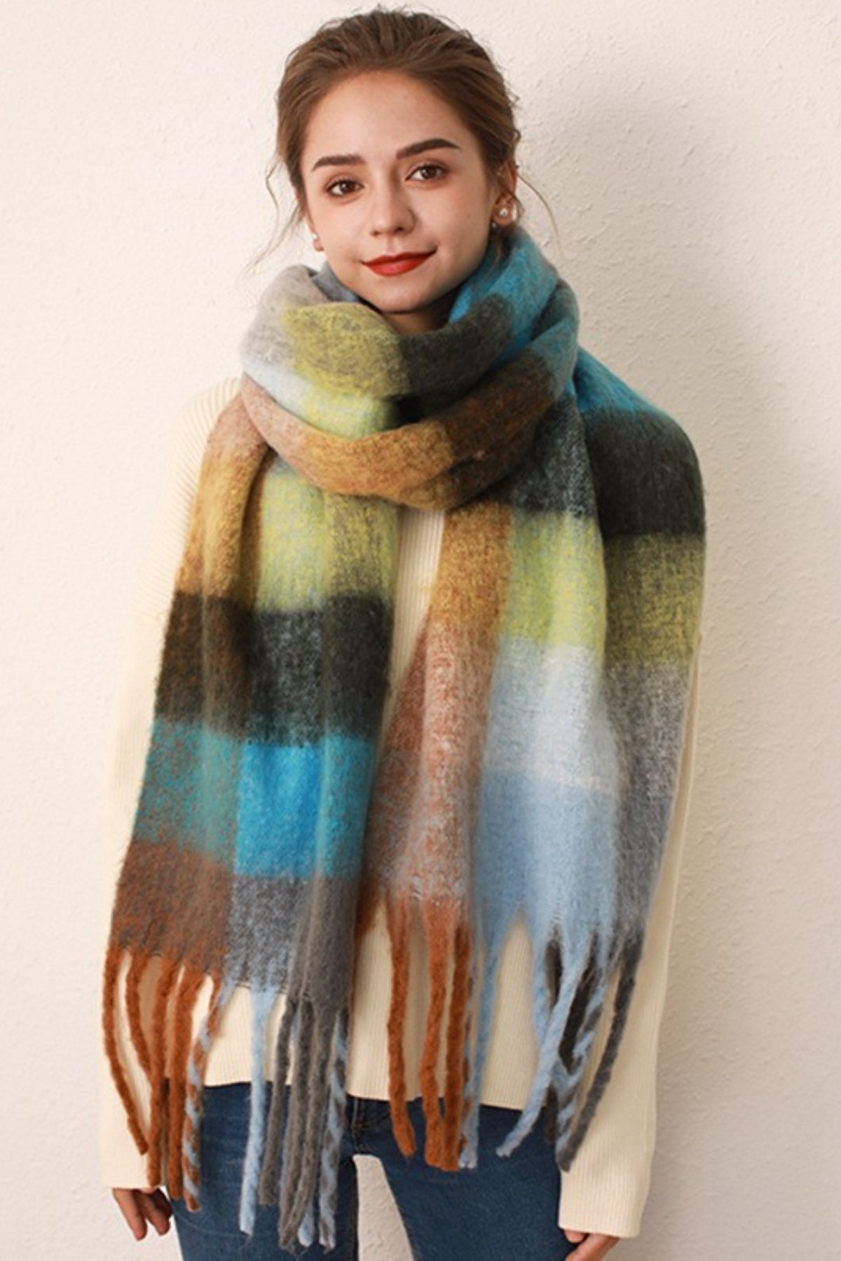 Cozy Chic Plaid Fringe Scarf Trendsi