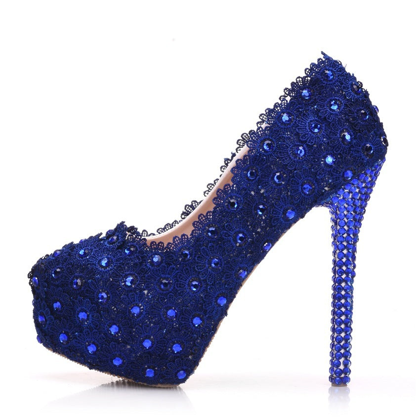 Lace Wedding Shoes - Rhinestone Blue Heels - Jatanele