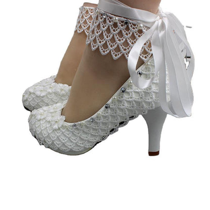 Lace-Up White Wedding High Heels – Plus Size Bridal Shoes - Jatanele