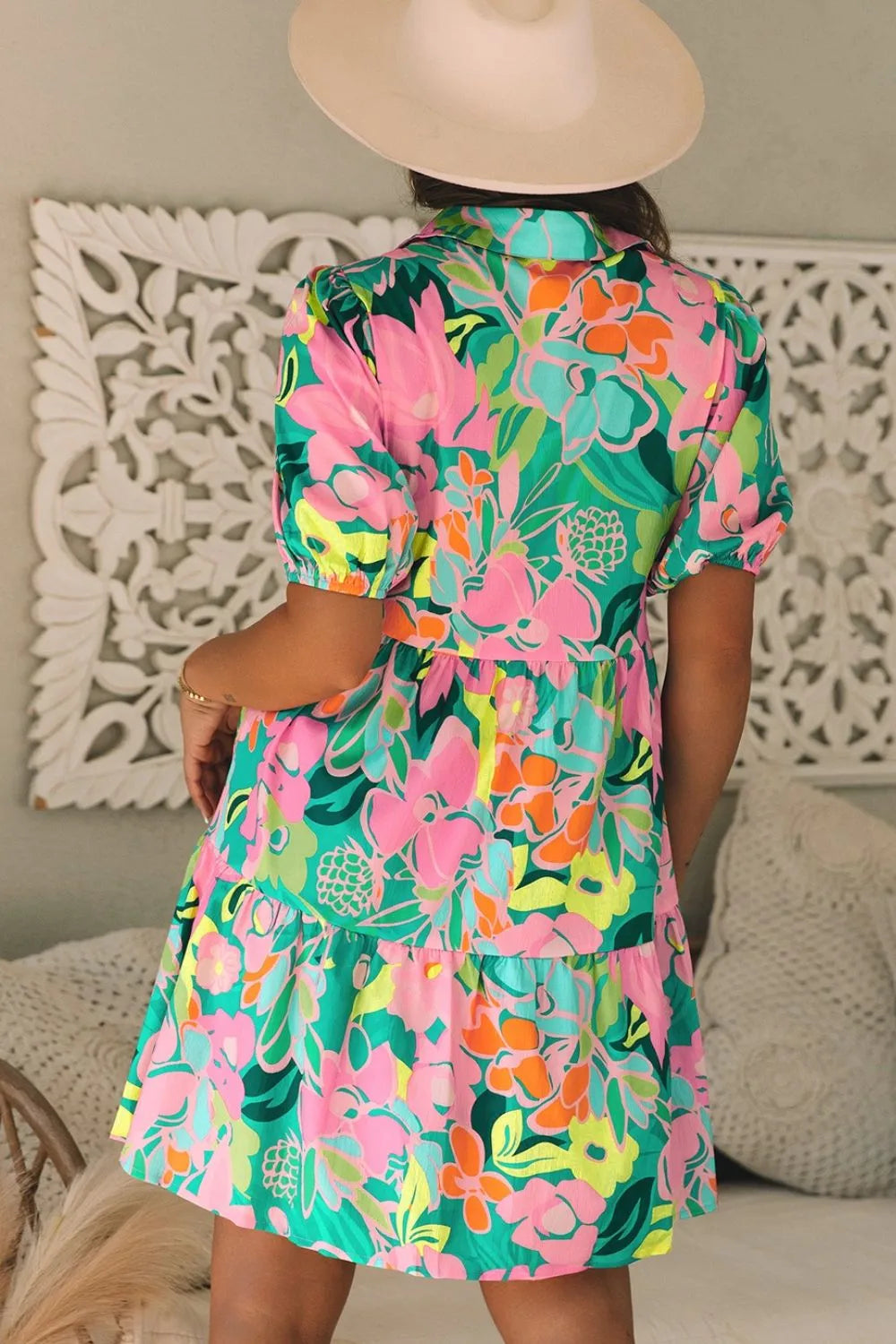 Button Down Floral Puff Sleeve Babydoll Dress - Jatanele