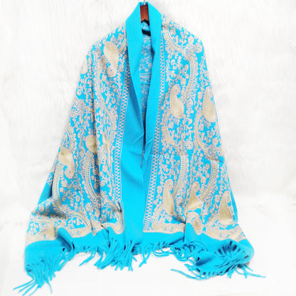 Embroidered Cashmere Scarf with Golden Paisley Details - Jatanele