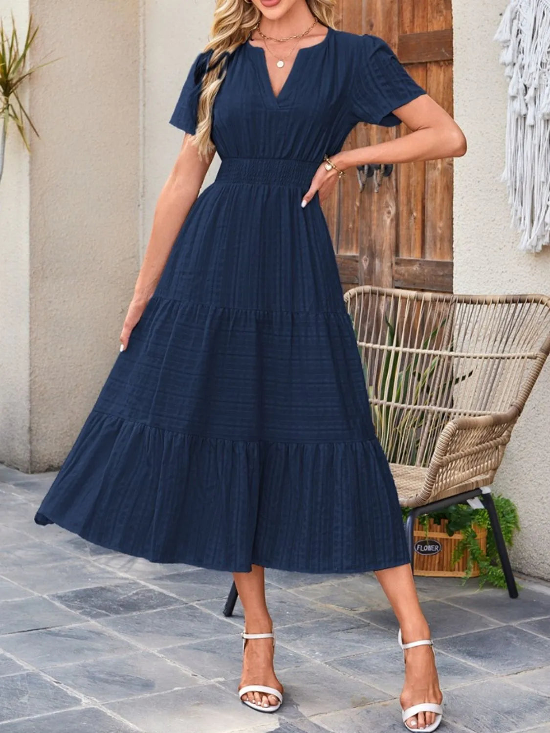 Tiered Notched Short Sleeve Dress - Jatanele