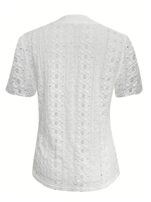 Openwork Notched Short Sleeve Top - Jatanele