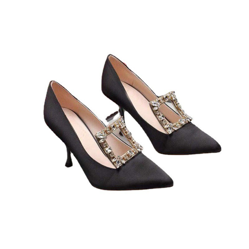 Women's Pointed-Toe Square Buckle Rhinestone Heels - Jatanele