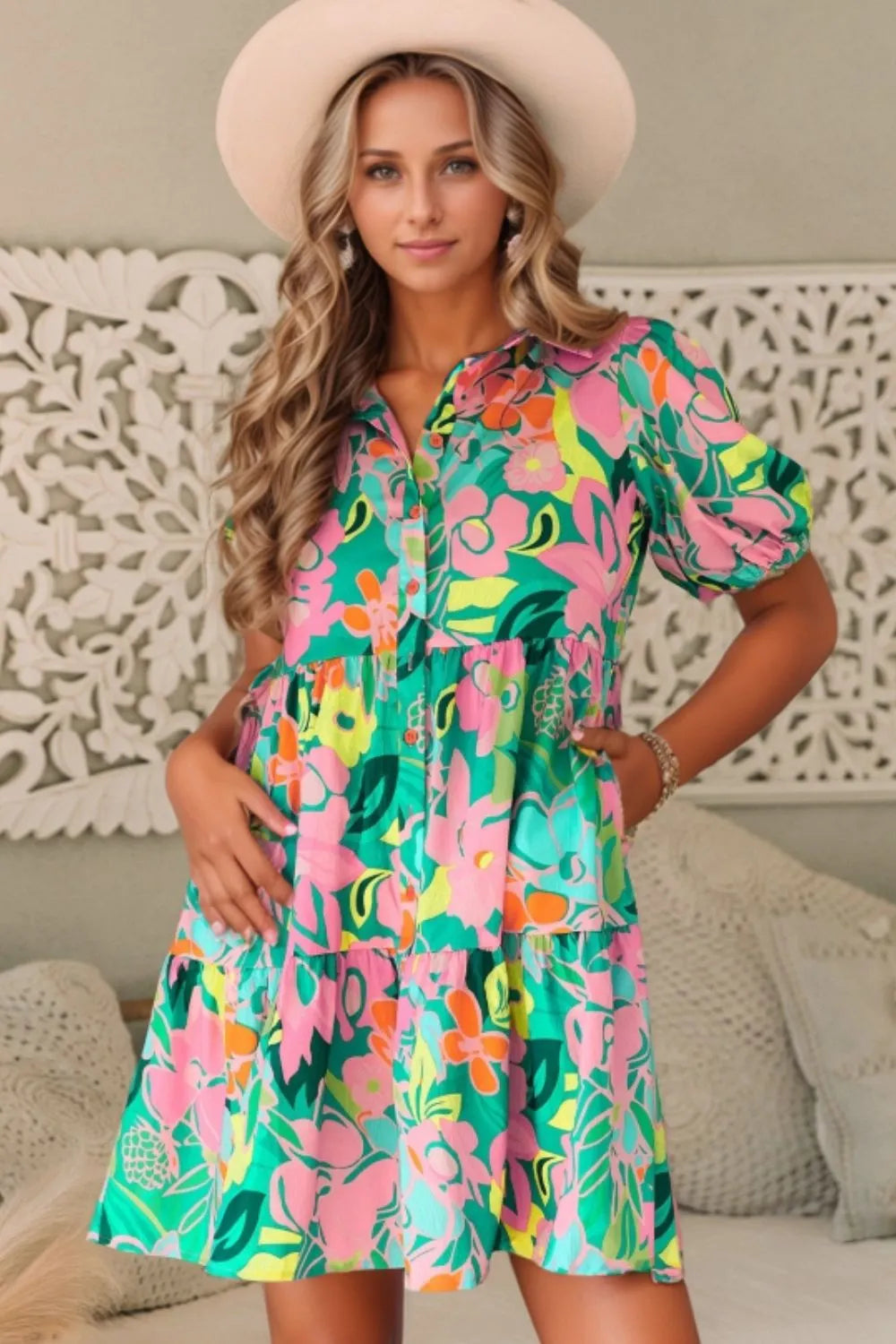 Button Down Floral Puff Sleeve Babydoll Dress - Jatanele