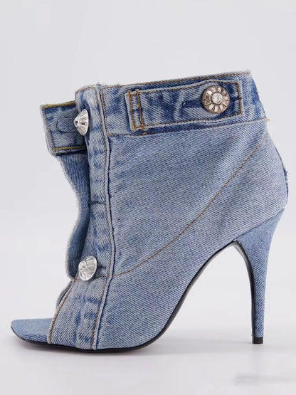 Short Boots with High Heels and Rivets - Denim Fabric - Jatanele