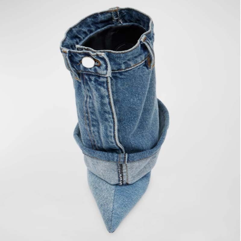 Pointed-Toe Washed Denim Pantskirt Stiletto Heel Boots - Jatanele