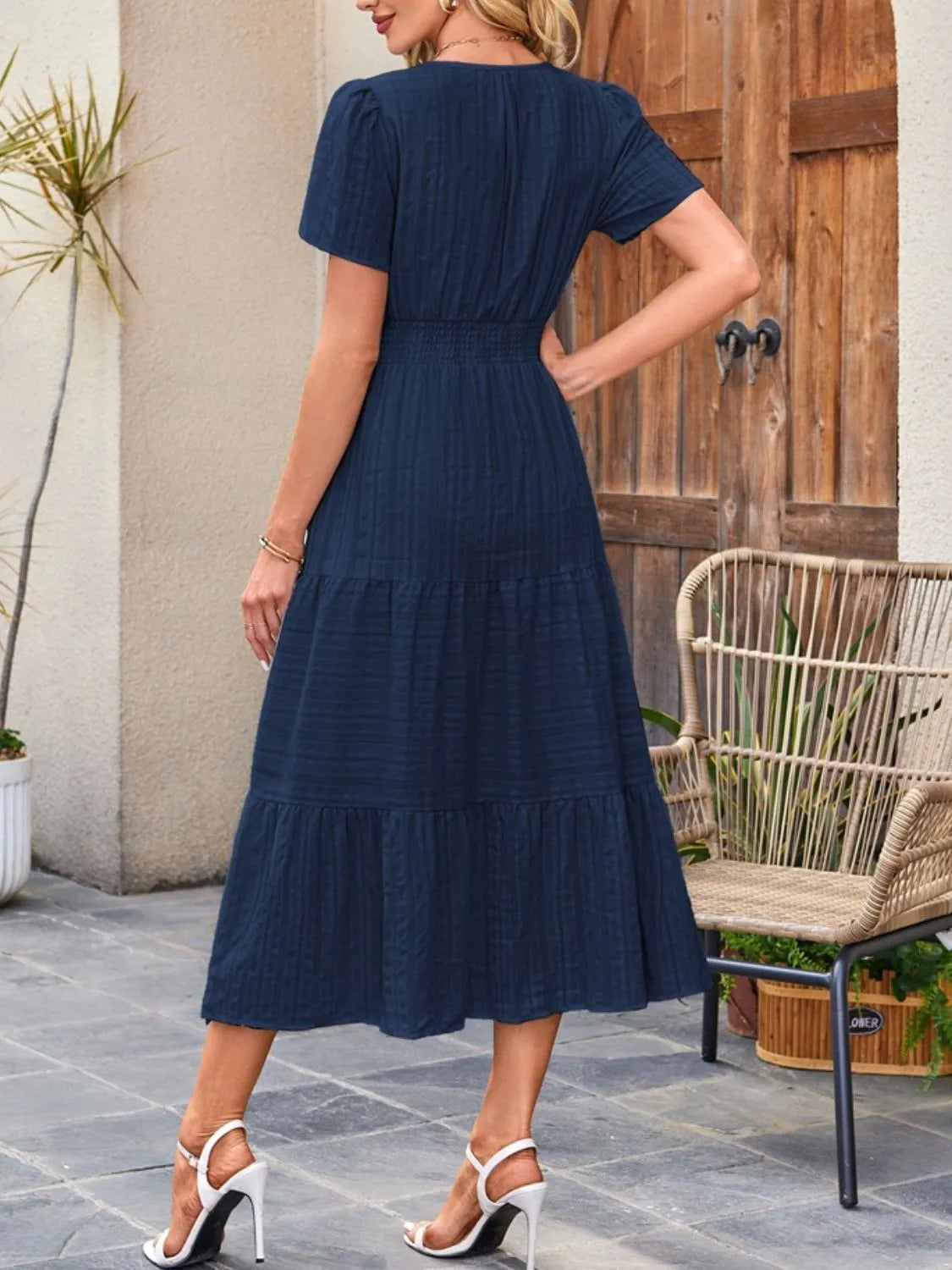 Tiered Notched Short Sleeve Dress - Jatanele