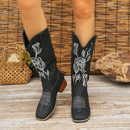 Flower Embroider Mid Calf Cowboy Boots Women Autumn Winter Chunky Heels Western Boots Square Toe Denim Long Boots Fashion Shoes - Jatanele