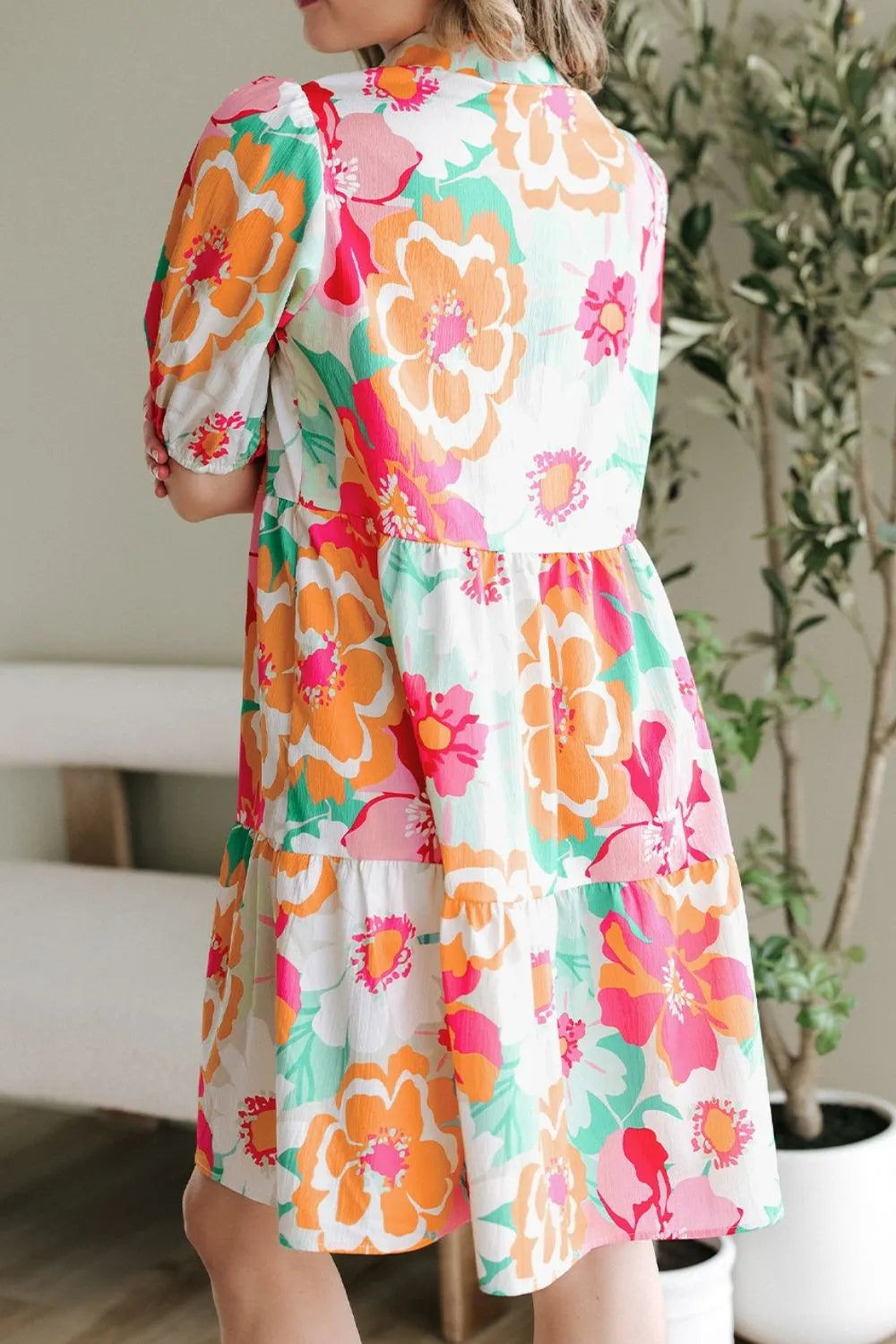 Button Down Floral Puff Sleeve Babydoll Dress - Jatanele