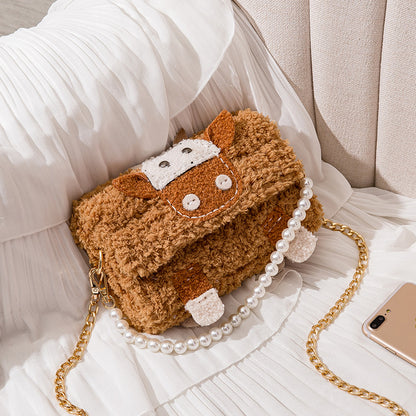 Farm Animal Plush Handbags with Pearl & Gold Chain - Jatanele