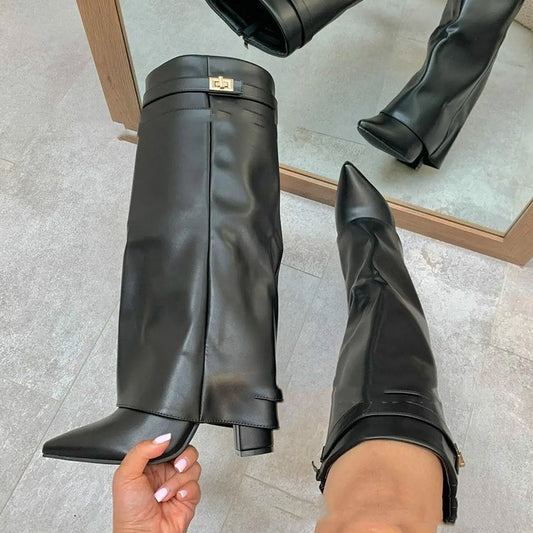 Chic Mid-Calf Knight Boots with Lock Pants Design - Jatanele