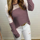 Waffle-Knit Lace Round Neck Long Sleeve T-Shirt - Jatanele