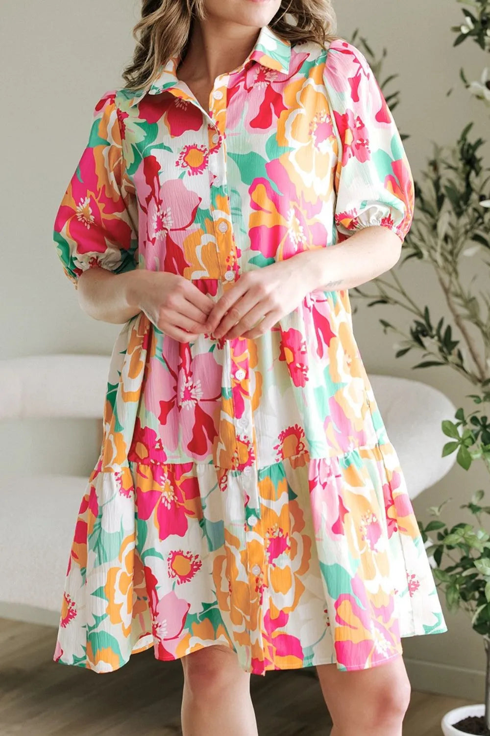 Button Down Floral Puff Sleeve Babydoll Dress - Jatanele