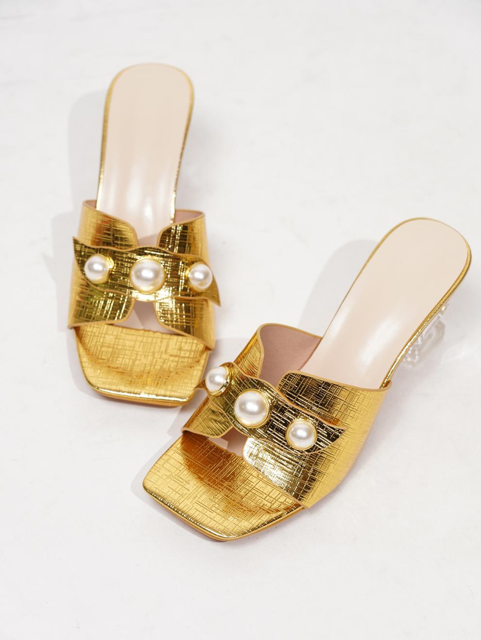 Women's Gold Crystal High Heel Shoes with Pearl Embellishment - Jatanele