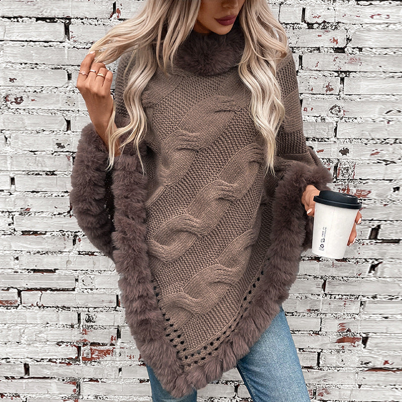 Collar Thick Cable-Knit Pullover Sweater Cloak – Cozy & Stylish - Jatanele