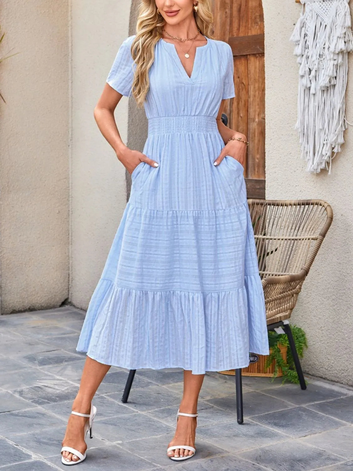 Tiered Notched Short Sleeve Dress - Jatanele
