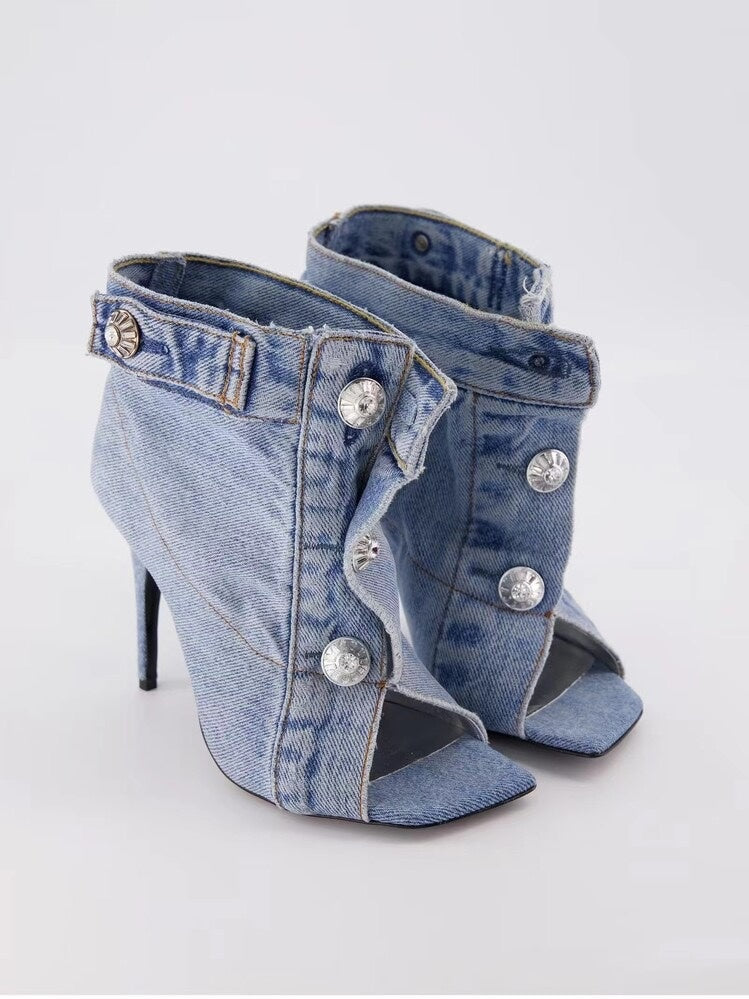 Short Boots with High Heels and Rivets - Denim Fabric - Jatanele