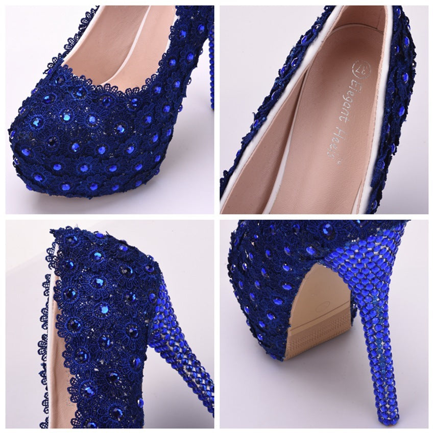 Lace Wedding Shoes - Rhinestone Blue Heels - Jatanele