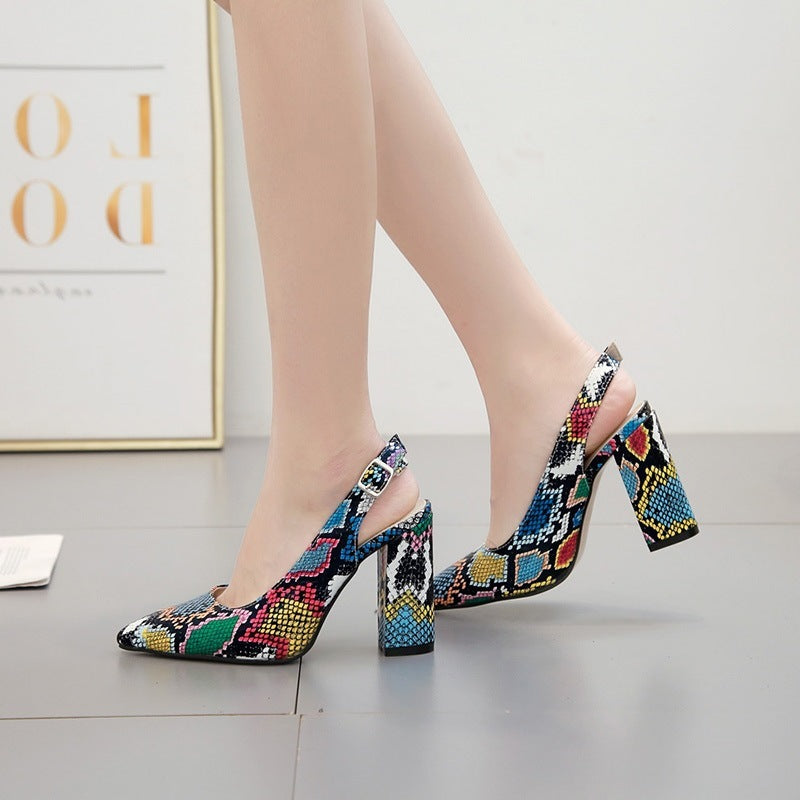 Color Snake Print Thick Heel Pointed Toe High Heels - Jatanele