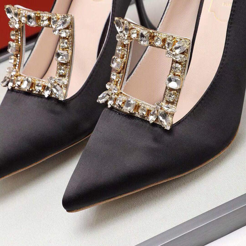 Women's Pointed-Toe Square Buckle Rhinestone Heels - Jatanele