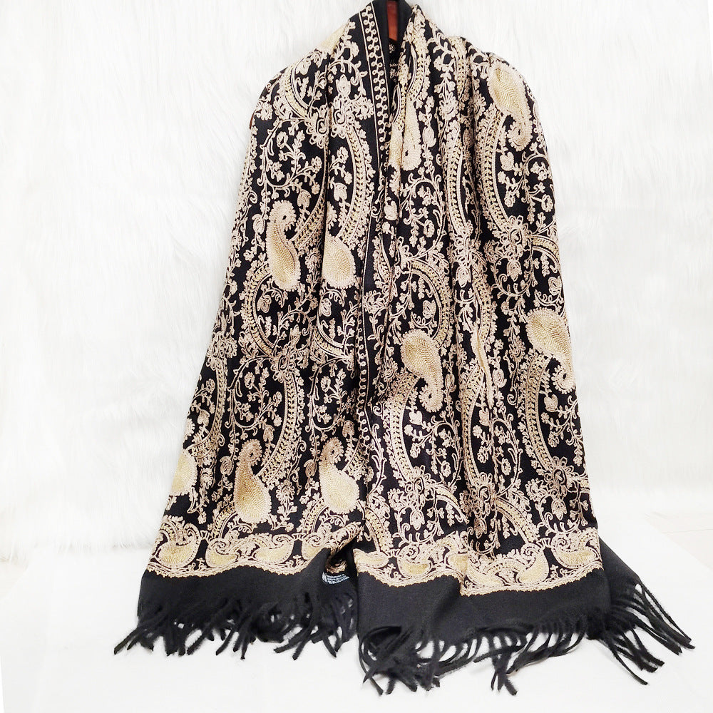 Embroidered Cashmere Scarf with Golden Paisley Details - Jatanele