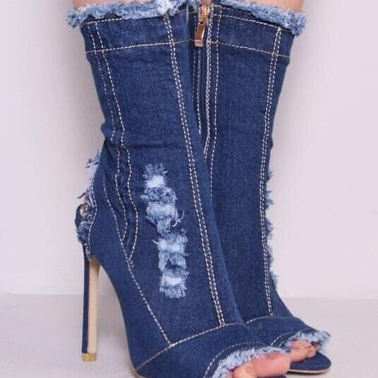 Fashion Runway Peep Toe Denim Ankle Boots - Jatanele