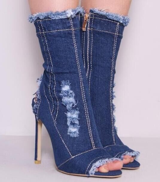 Fashion Runway Peep Toe Denim Ankle Boots - Jatanele