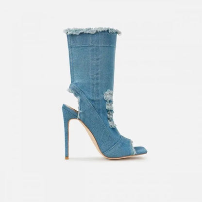 Fashion Runway Peep Toe Denim Ankle Boots - Jatanele