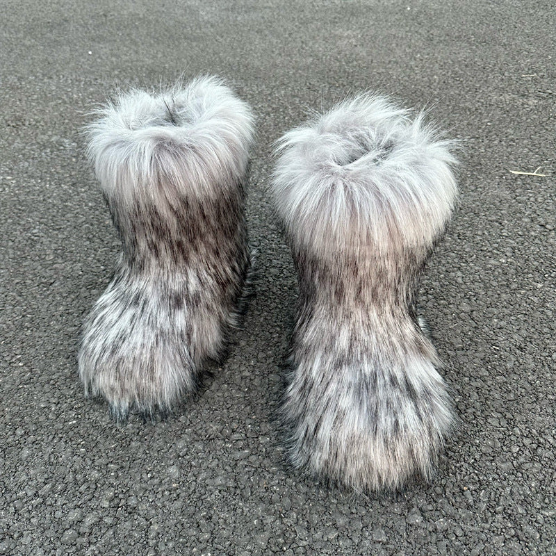 Raccoon Fur Plush Snow Boots - Warm Winter Footwear - Jatanele