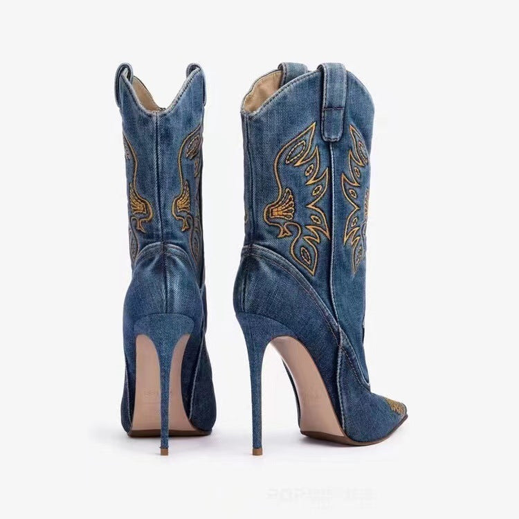 Western Denim Style High-Heeled Boots for Women - Jatanele