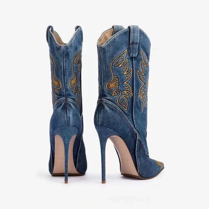 Western Denim Style High-Heeled Boots for Women - Jatanele