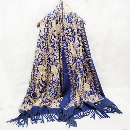 Embroidered Cashmere Scarf with Golden Paisley Details - Jatanele