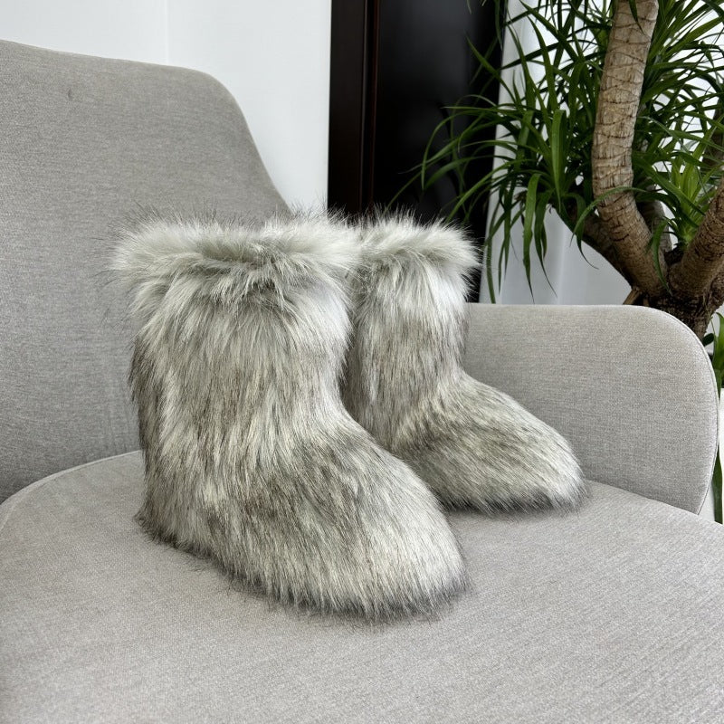 Raccoon Fur Plush Snow Boots - Warm Winter Footwear - Jatanele