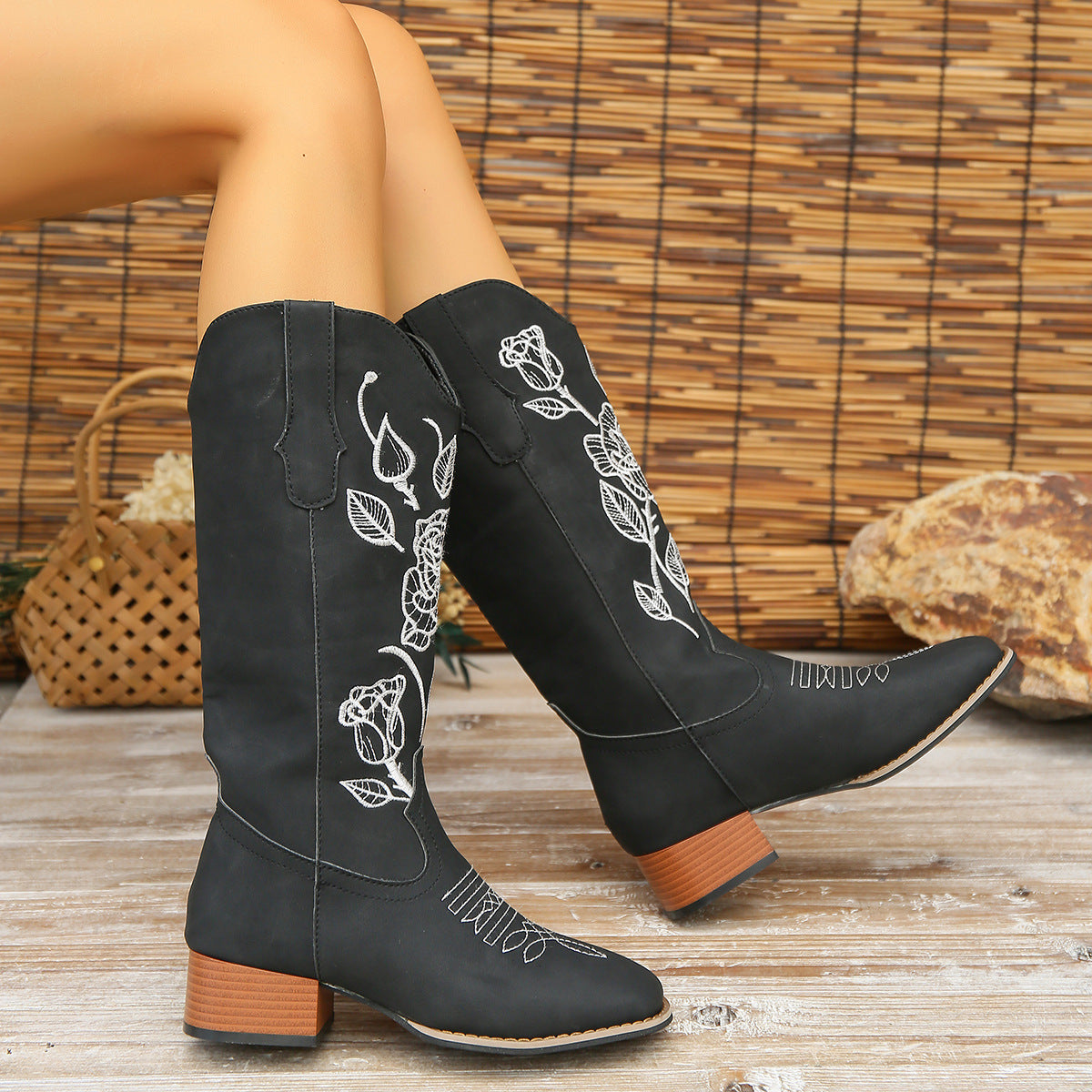 Flower Embroider Mid Calf Cowboy Boots Women Autumn Winter Chunky Heels Western Boots Square Toe Denim Long Boots Fashion Shoes - Jatanele