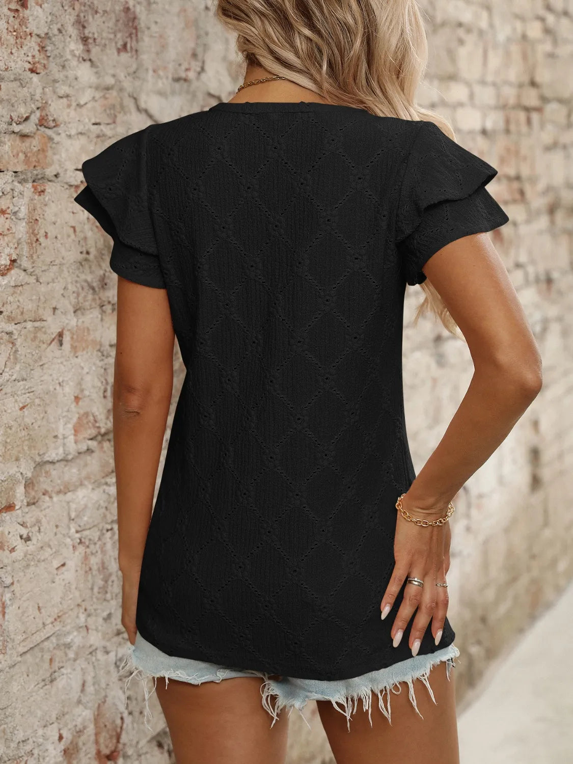 Eyelet V-Neck Ruffled Cap Sleeve Top - Jatanele