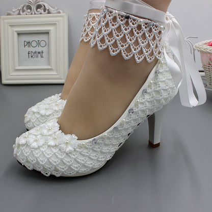 Lace-Up White Wedding High Heels – Plus Size Bridal Shoes - Jatanele