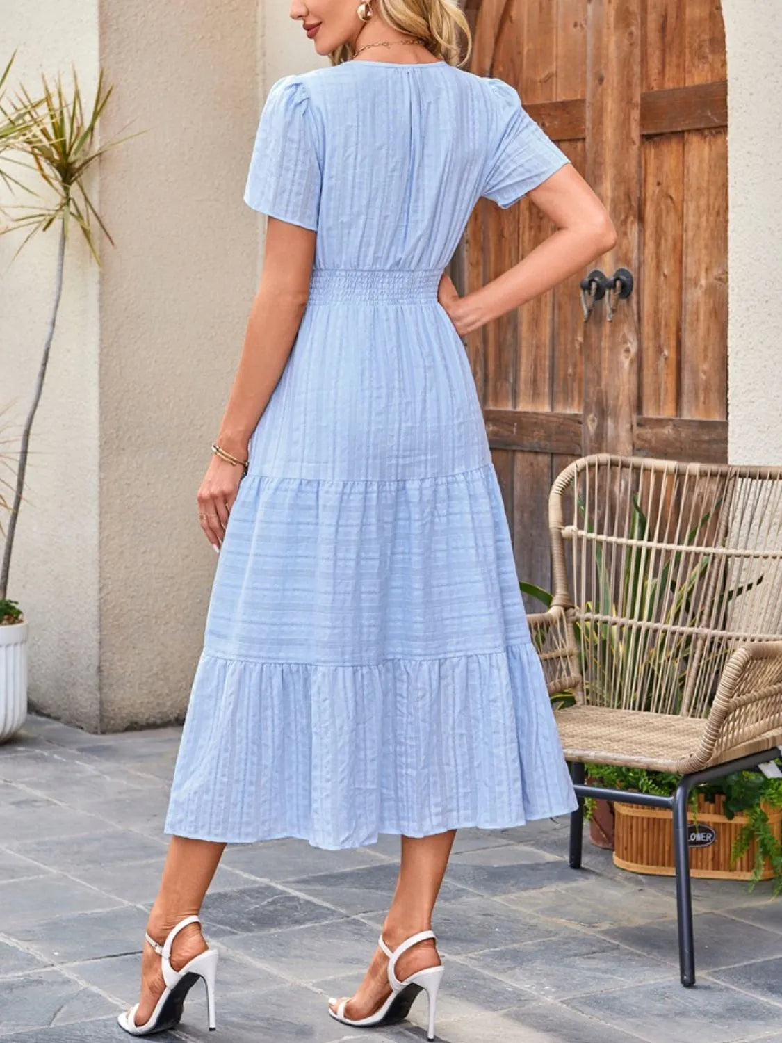 Tiered Notched Short Sleeve Dress - Jatanele
