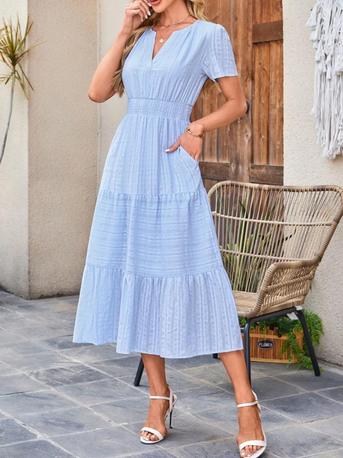 Tiered Notched Short Sleeve Dress - Jatanele