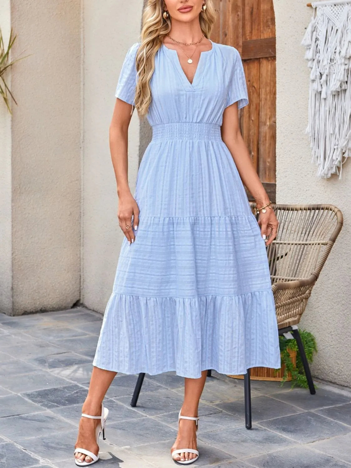 Tiered Notched Short Sleeve Dress - Jatanele