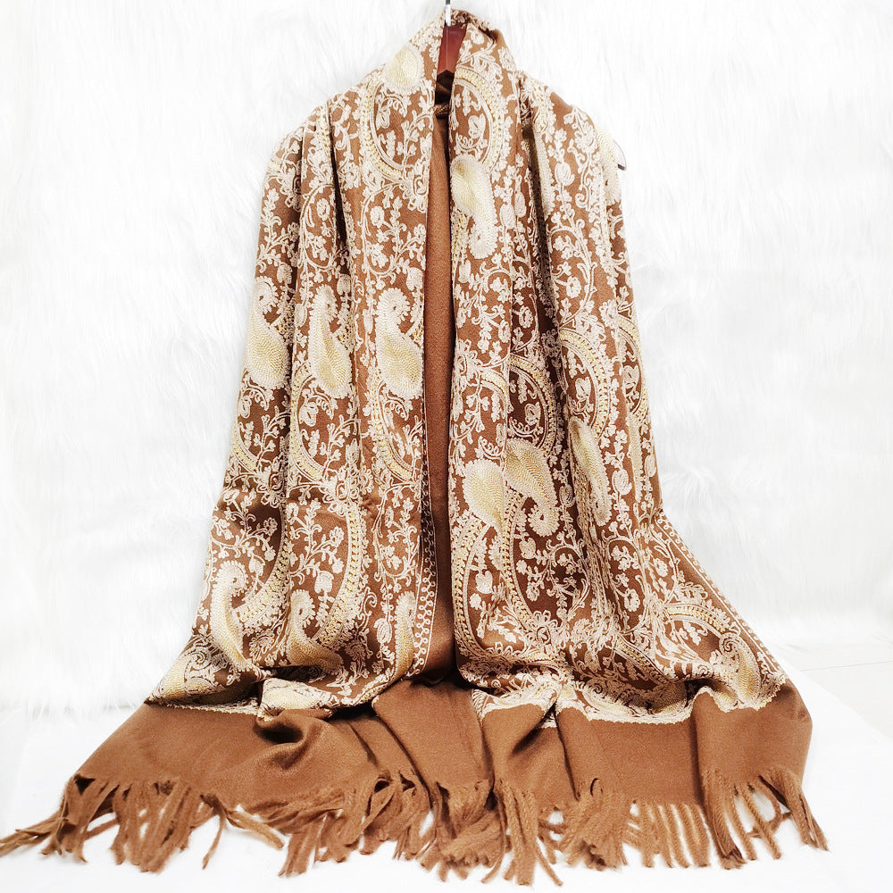 Embroidered Cashmere Scarf with Golden Paisley Details - Jatanele