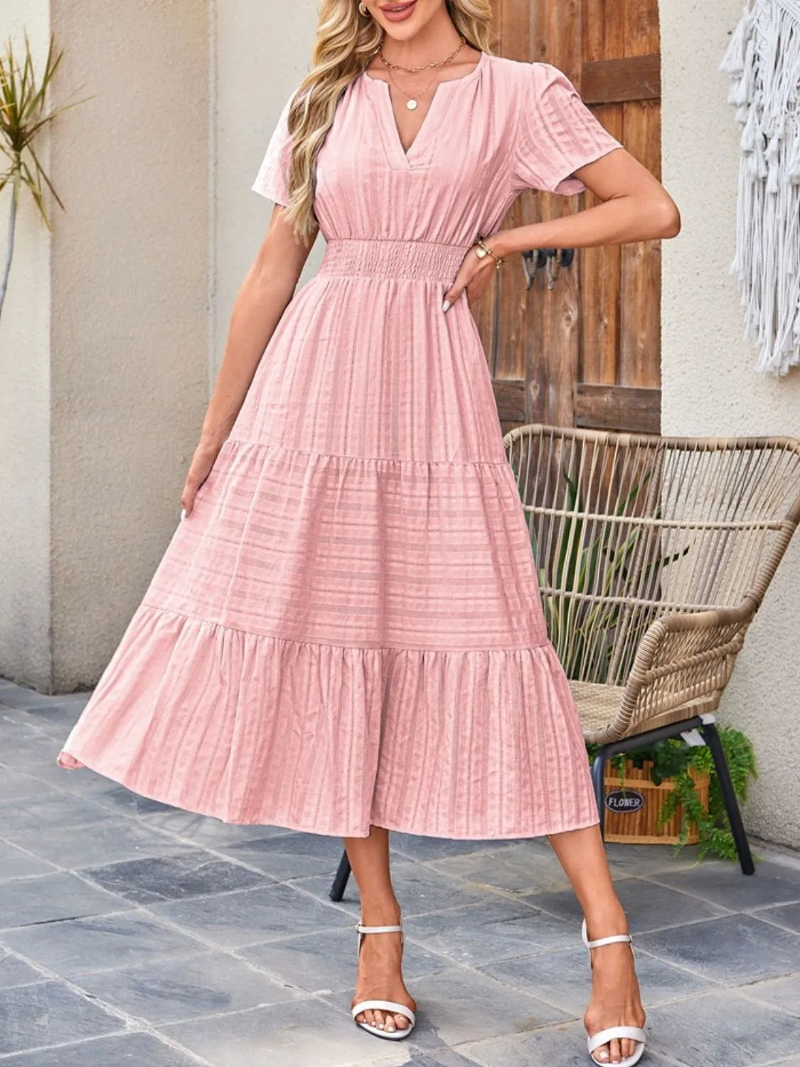 Tiered Notched Short Sleeve Dress - Jatanele