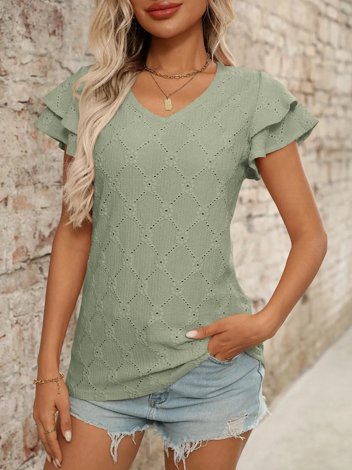 Eyelet V-Neck Ruffled Cap Sleeve Top - Jatanele