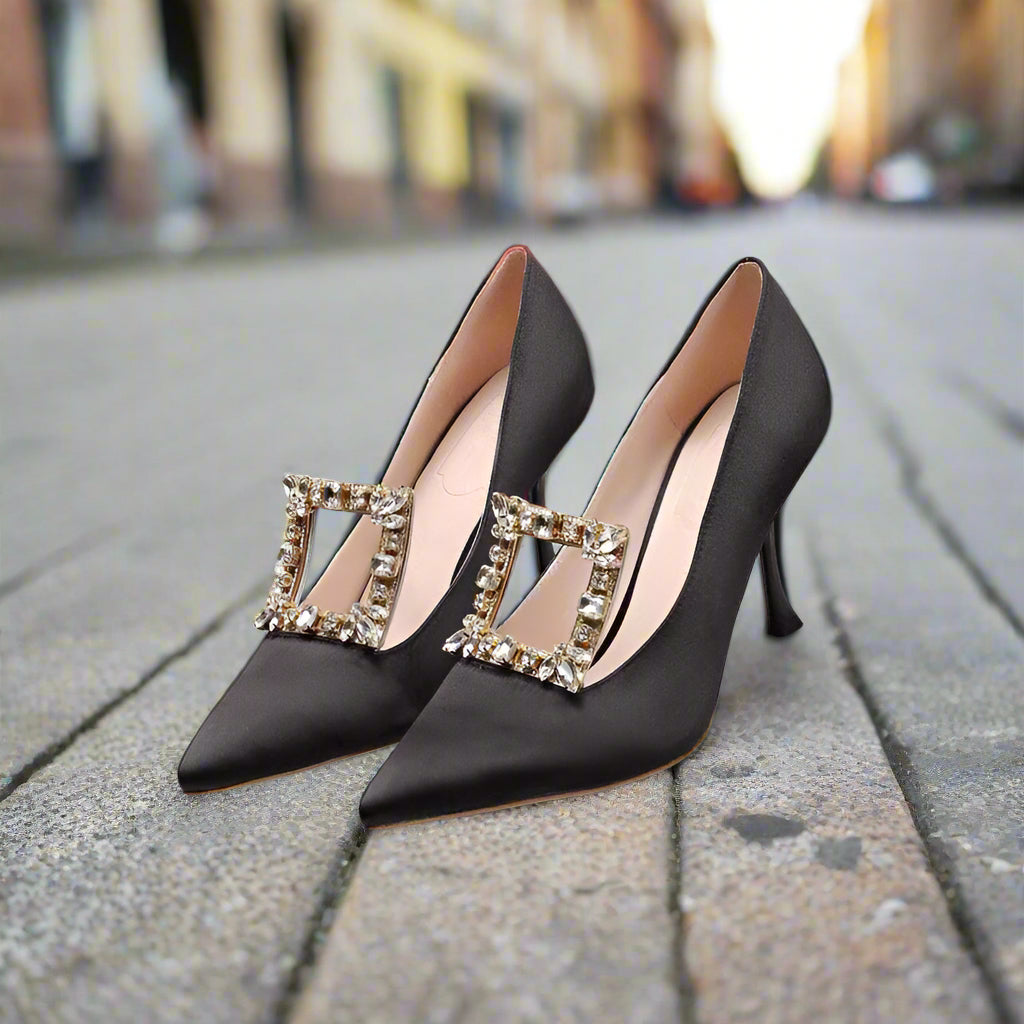 Women's Pointed-Toe Square Buckle Rhinestone Heels - Jatanele