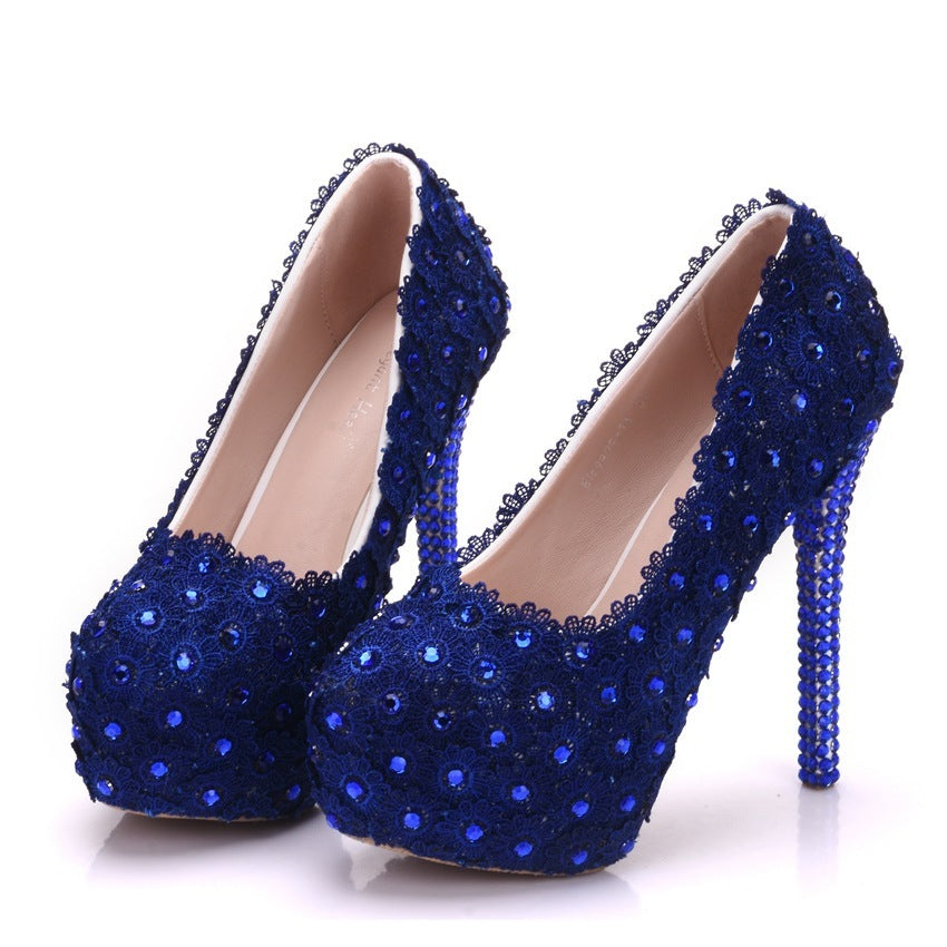 Lace Wedding Shoes - Rhinestone Blue Heels - Jatanele