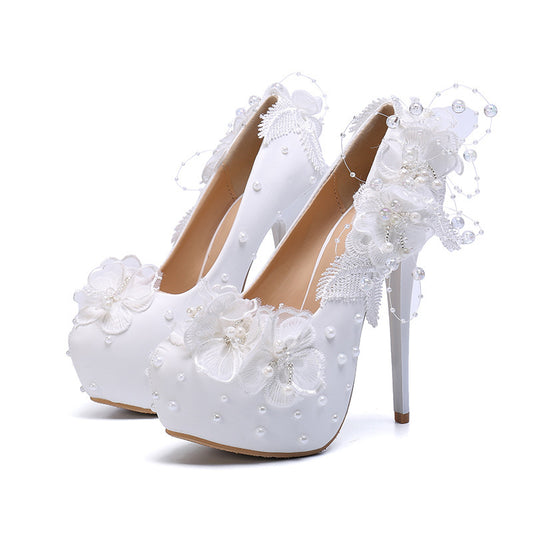 Elegant Lace Pearl Wedding Heels for Women - Jatanele