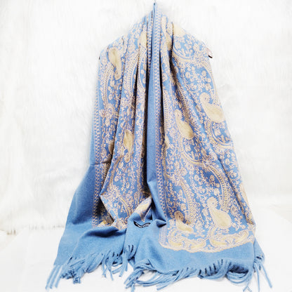 Embroidered Cashmere Scarf with Golden Paisley Details - Jatanele